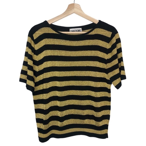VINTAGE 70s 80s San Remo by Laura Knits Black Gold Stripe Short Sleeve Sweater - Picture 1 of 8